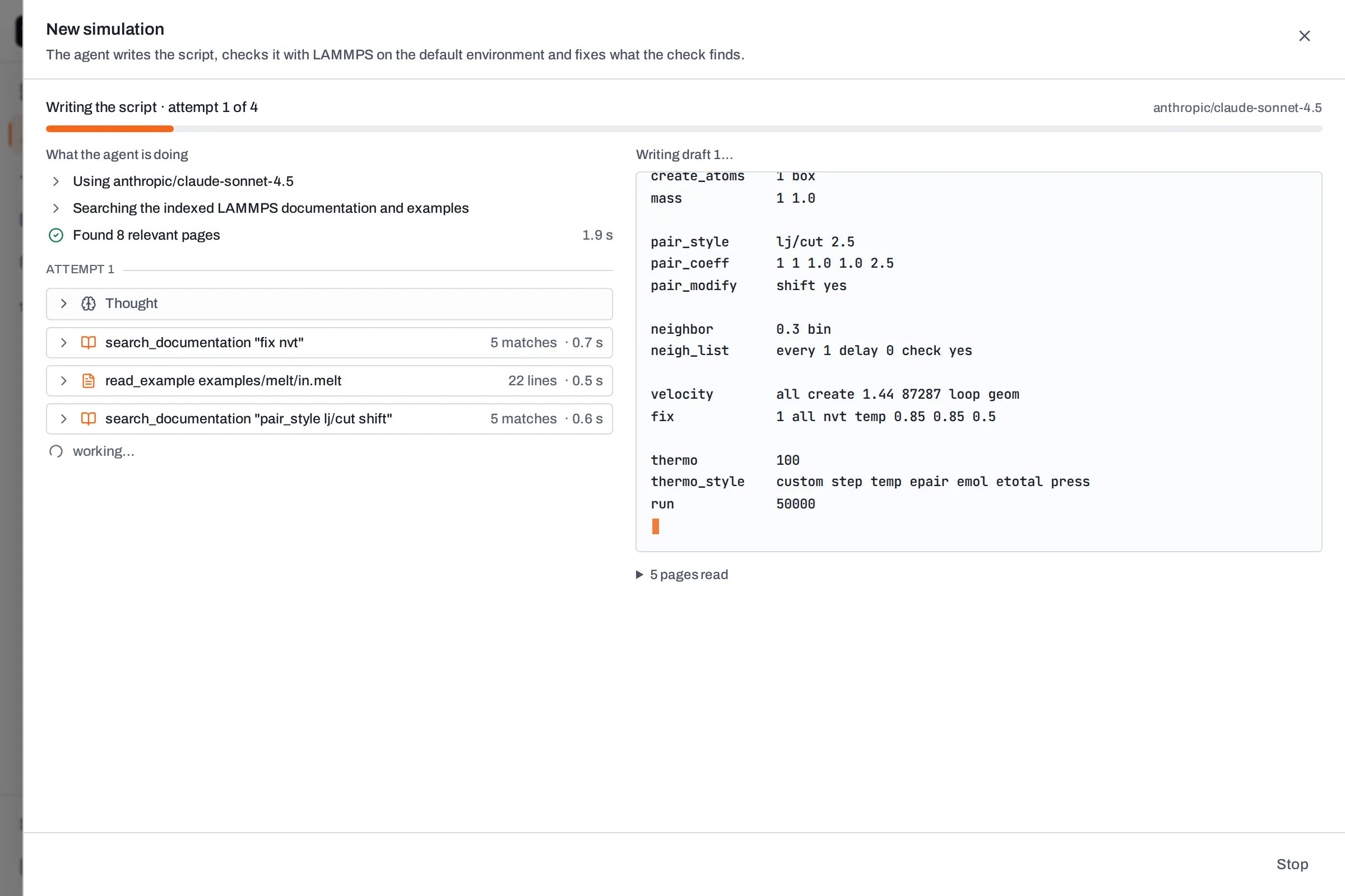 The agent drafting an input, with its lookups and checks
