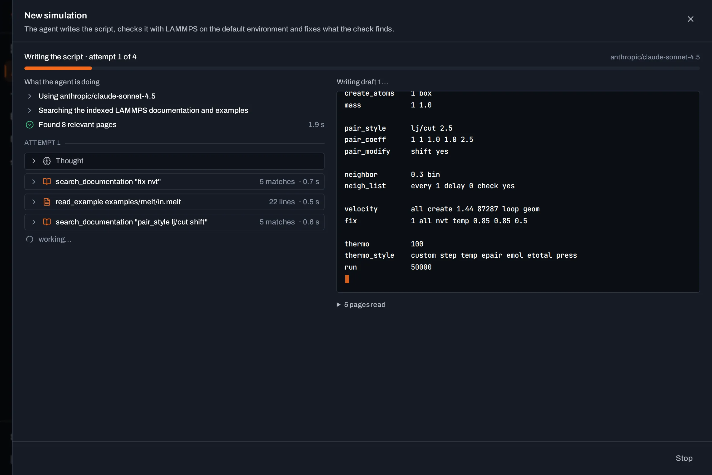 The agent drafting an input, with its lookups and checks