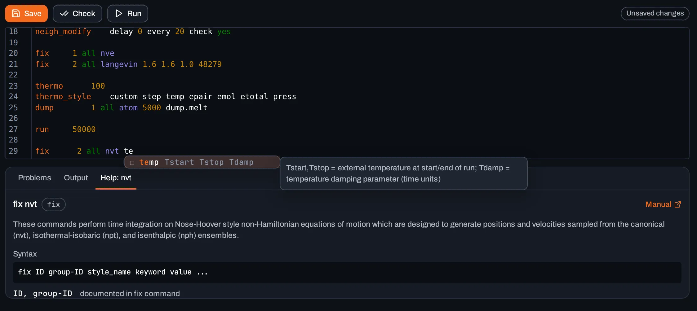 The script editor completing a fix keyword from the manual, with the Help tab open beside it