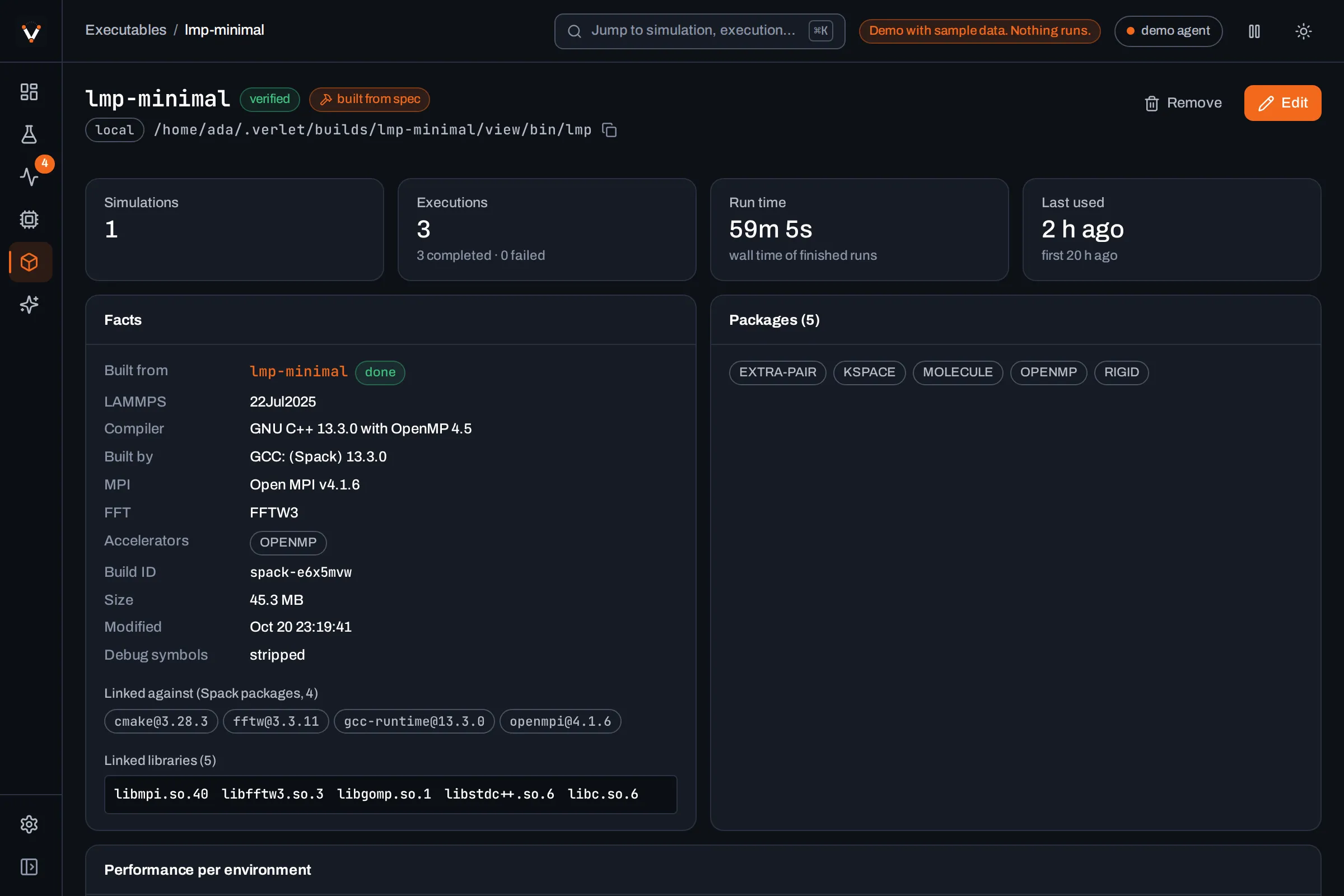 An executable built by verlet, with its facts, packages and linked Spack packages