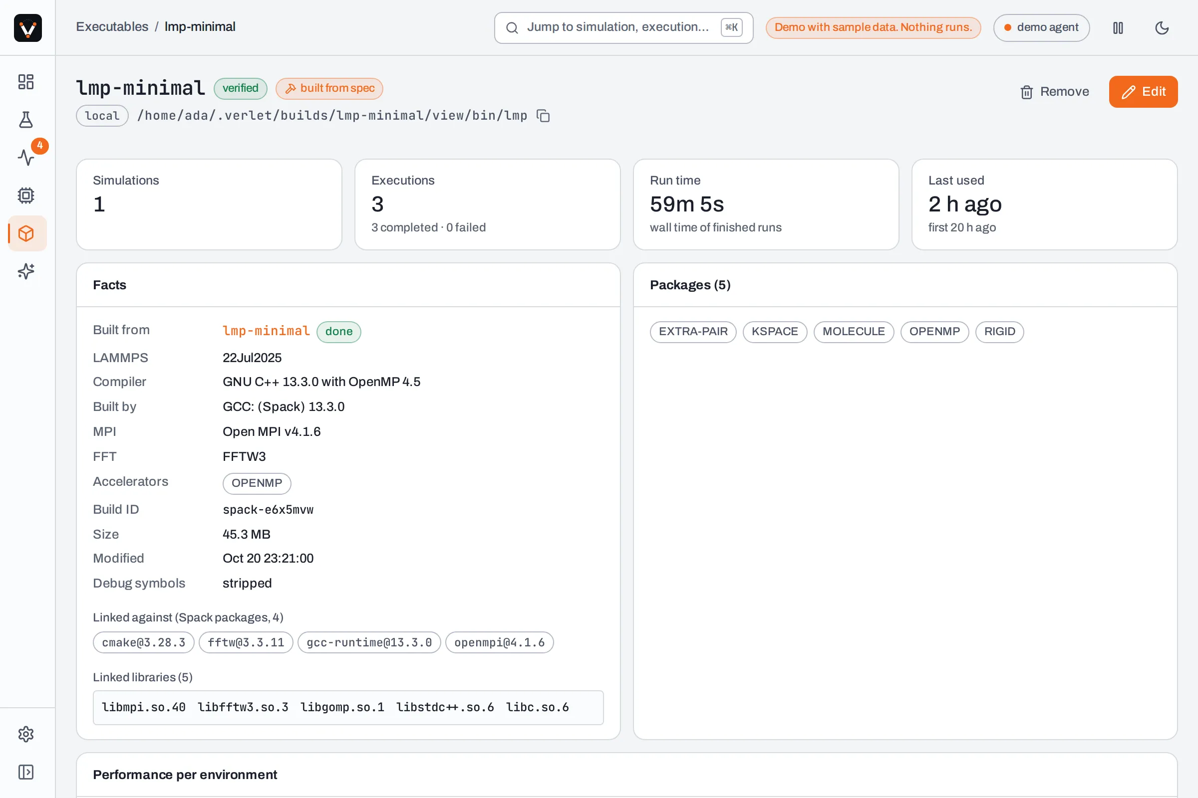 An executable built by verlet, with its facts, packages and linked Spack packages