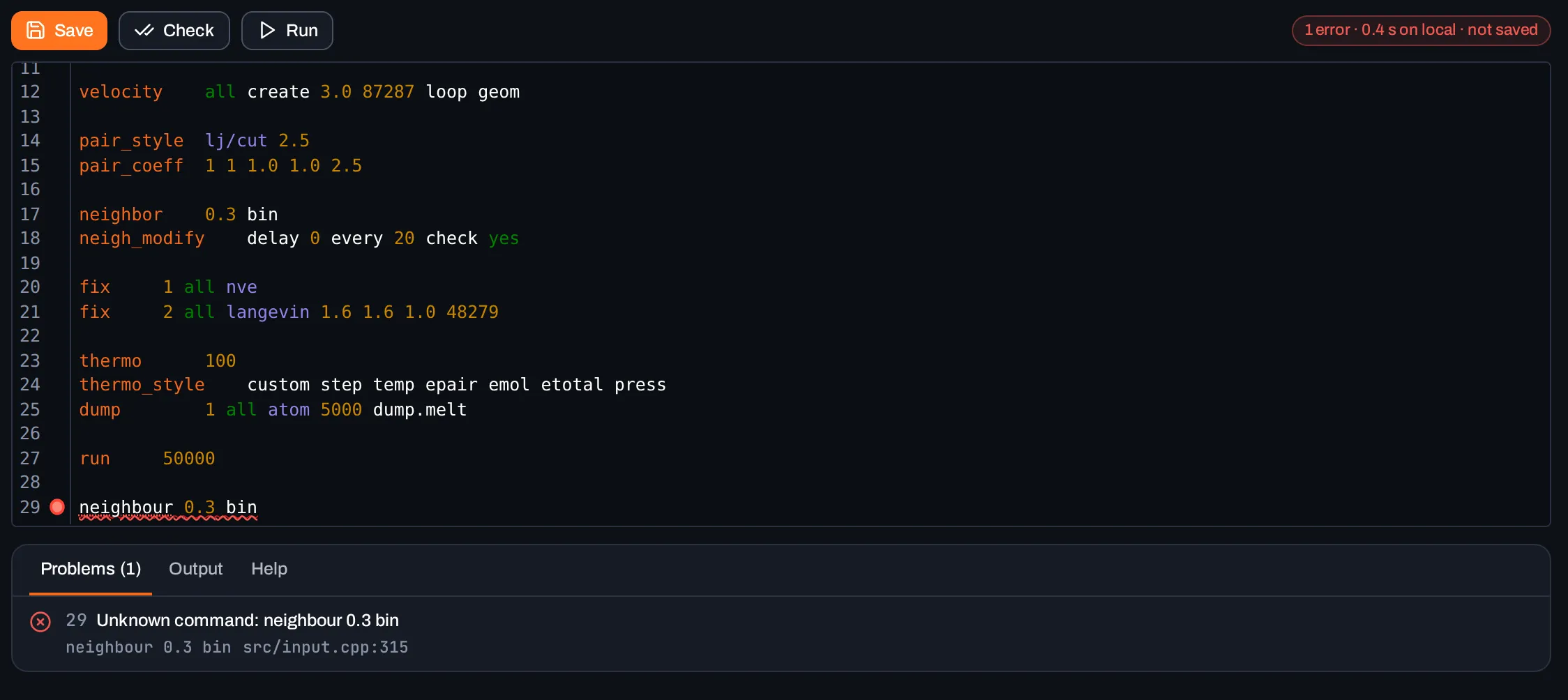 A failed check: the problem is marked on its line, with the parsed command and a link to the manual