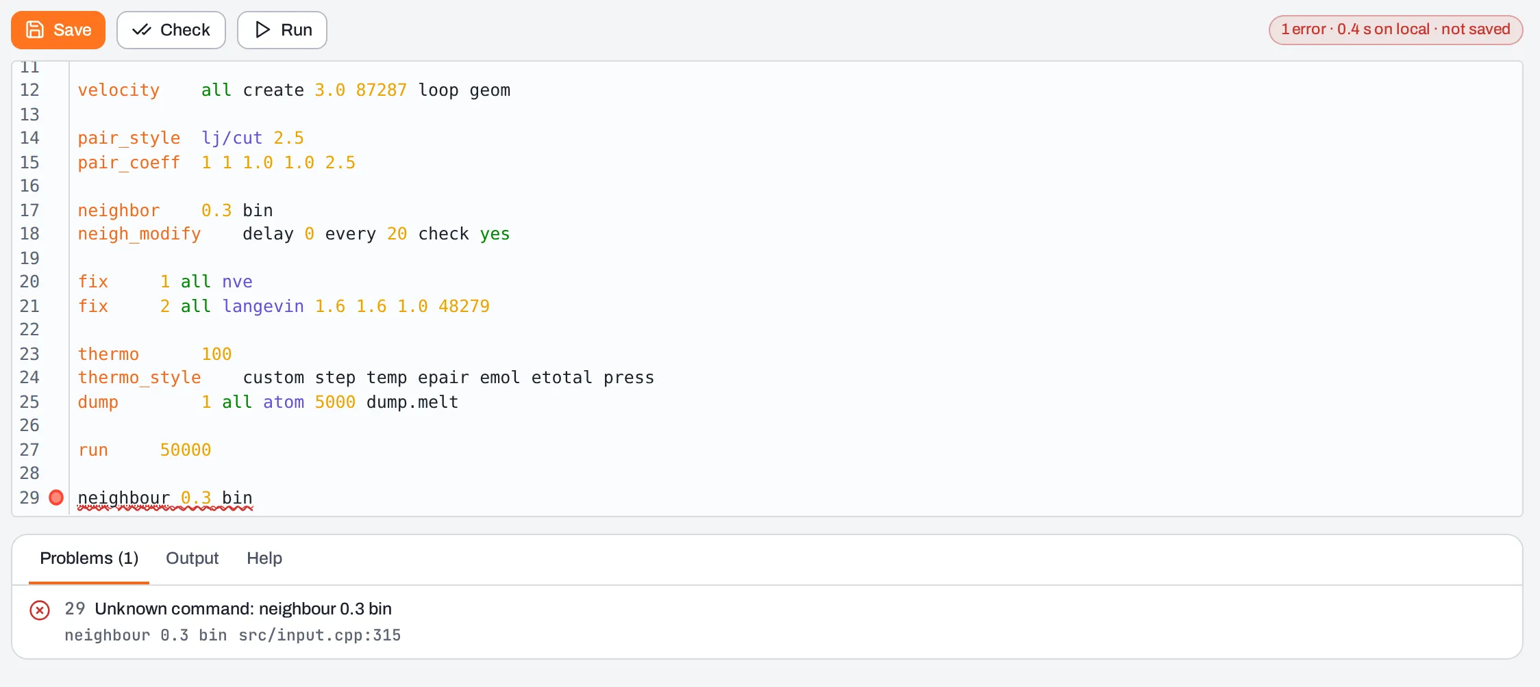 A failed check: the problem is marked on its line, with the parsed command and a link to the manual